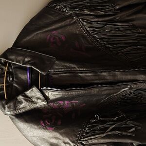 Unik Black Leather Jacket with Fringe and Purple Accents